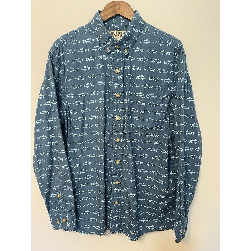 Duluth Trading Shirt Mens L Tall Blue Button Up Fish All Over Print‎ Relaxed Fit